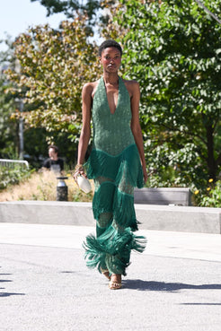 VESTIDO LONGO ESMERALDA FRINGES VERDE ESCURO