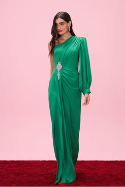 VESTIDO LONGO OMBRO ÚNICO CREPE GRACE  VERDE