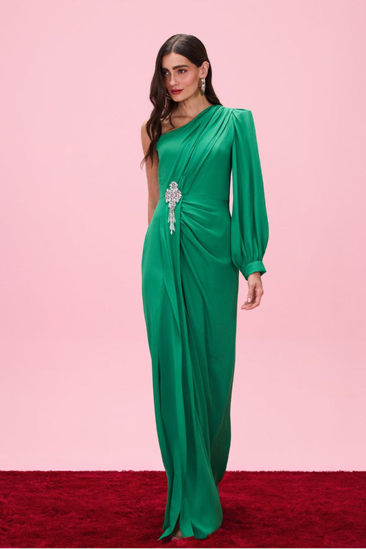 VESTIDO LONGO OMBRO ÚNICO CREPE GRACE  VERDE