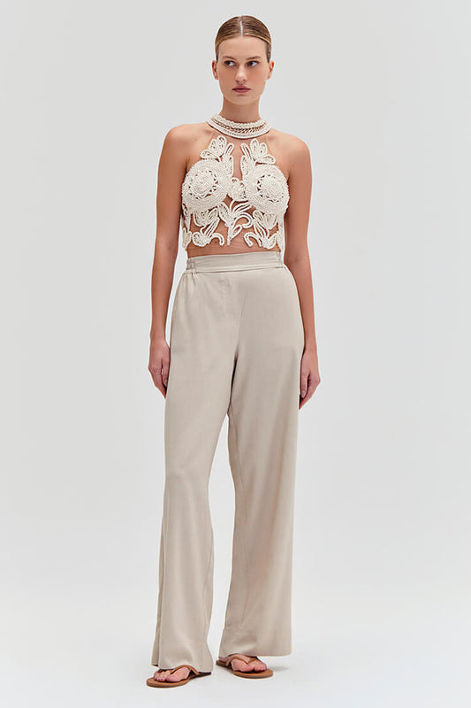Calça linho flower bege