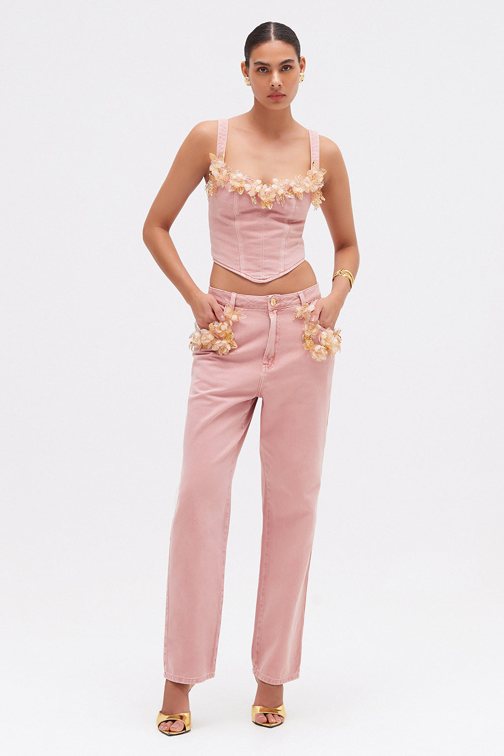 CALÇA ROSE FLOWER DENIM ROSA