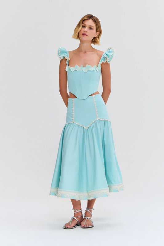 Saia midi flutter tricoline  verde claro