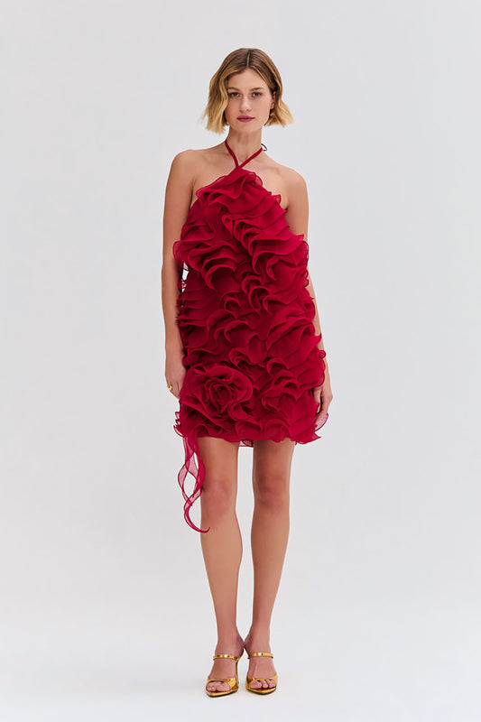 VESTIDO CURTO CHIFFON WONDERLAND VERMELHO ESCURO