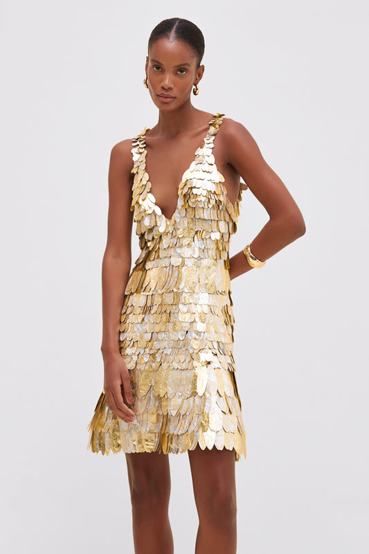 VESTIDO CURTO PAETÊ PRATA E DOURADO