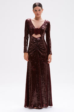VESTIDO LONGO PAETE BORDEAUX VERMELHO ESCURO