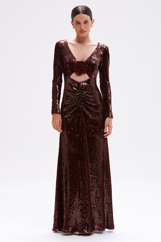 VESTIDO LONGO PAETE BORDEAUX VERMELHO ESCURO