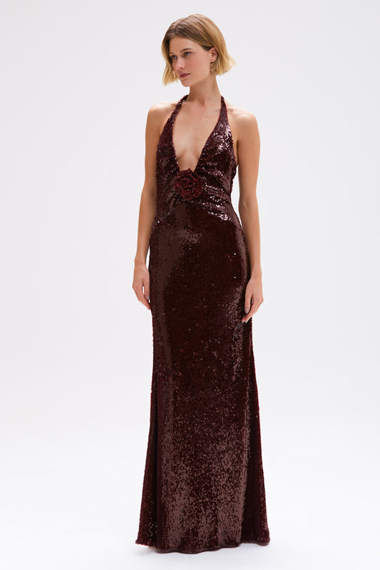 VESTIDO LONGO PAETE BORDEAUX VERMELHO ESCURO
