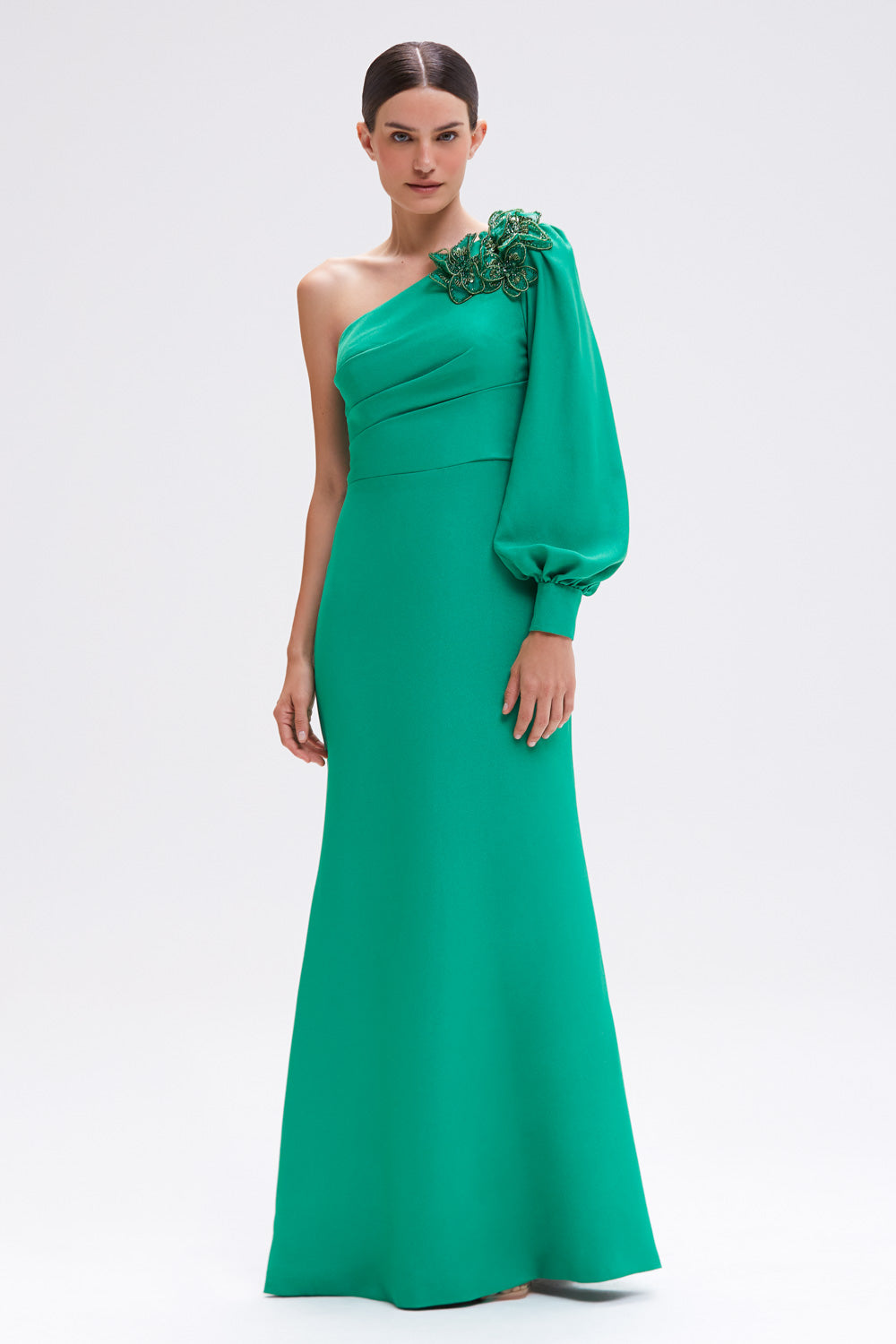 VESTIDO LONGO CREPE PETALS VERDE ESCURO