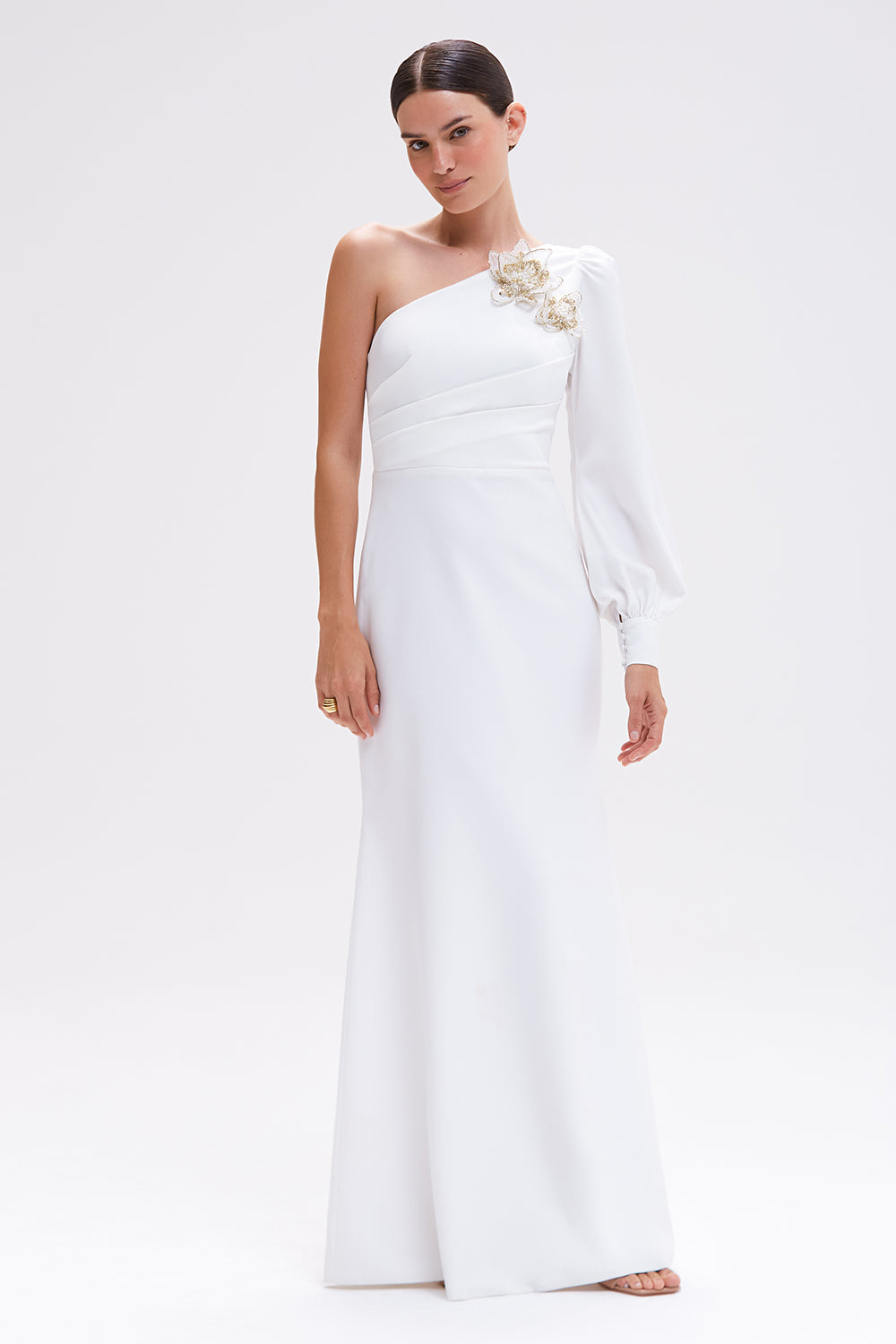 VESTIDO LONGO CREPE PETALS OFF WHITE