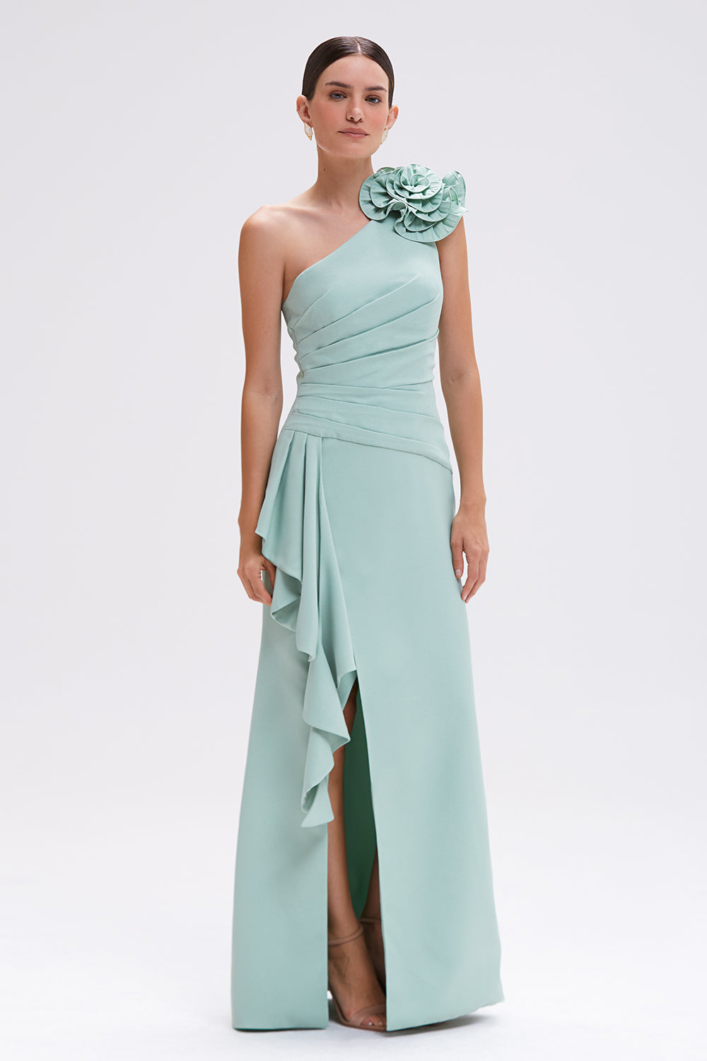 VESTIDO LONGO CREPE PETALS VERDE CLARO