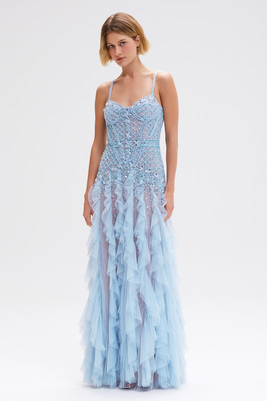 VESTIDO LONGO BUTTERFLY EMBROIDERY AZUL CLARO