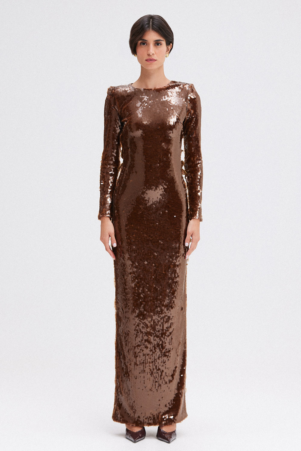 VESTIDO LONGO PAETÊ MARROM