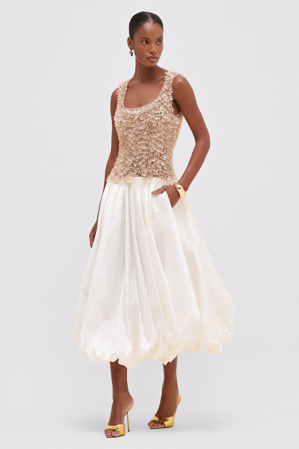 VESTIDO MÍDI TAFETÁ OFF WHITE
