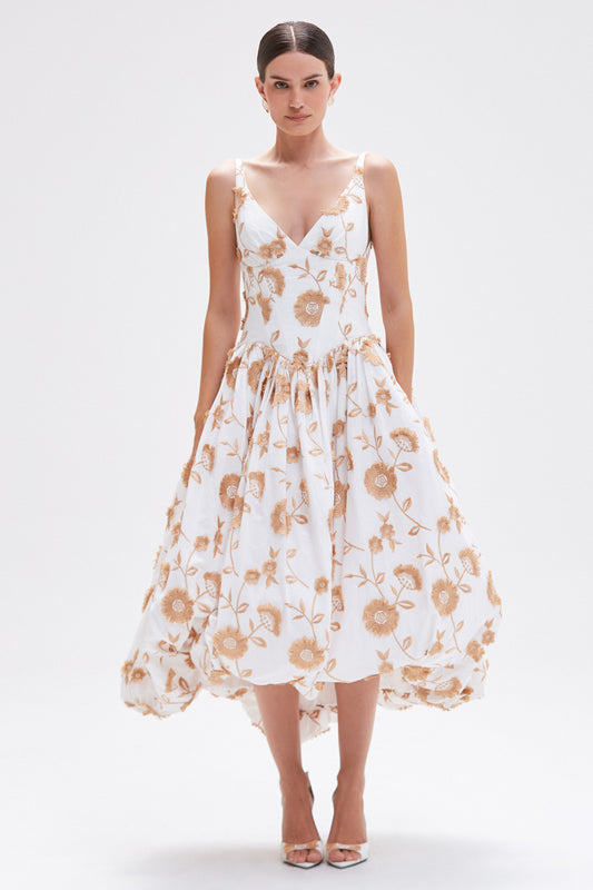 VESTIDO MIDI BOTANICAL POPLIN OFF WHITE