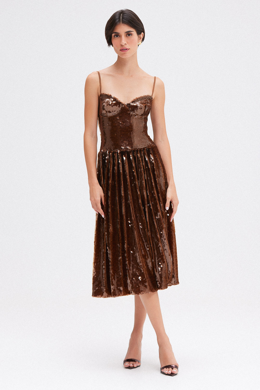 VESTIDO MÍDI PAETÊ CELESTIAL MARROM