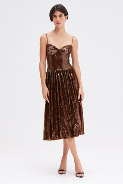 VESTIDO MÍDI PAETÊ CELESTIAL MARROM