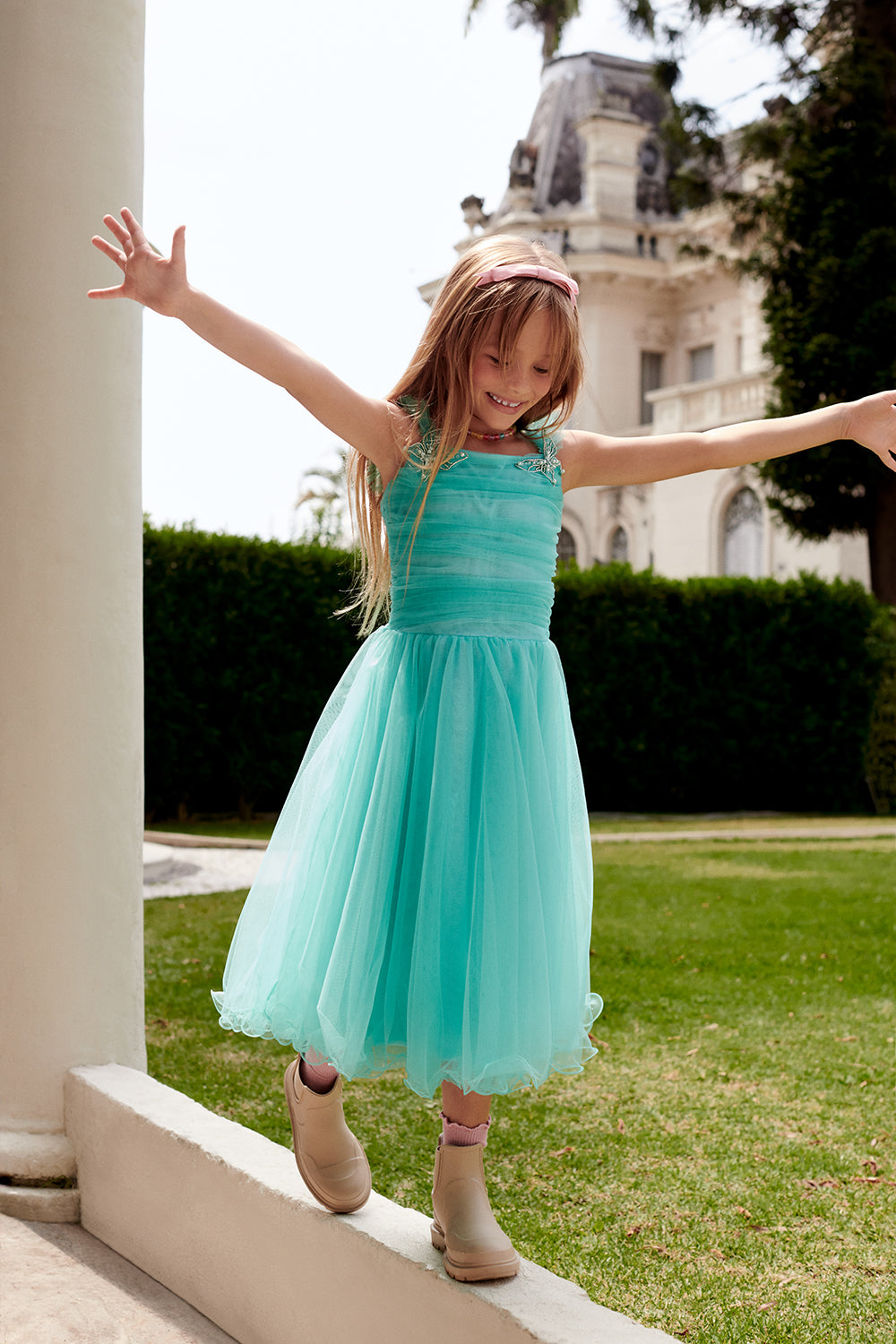 VESTIDO MIDI TULE BLOOMS VERDE CLARO