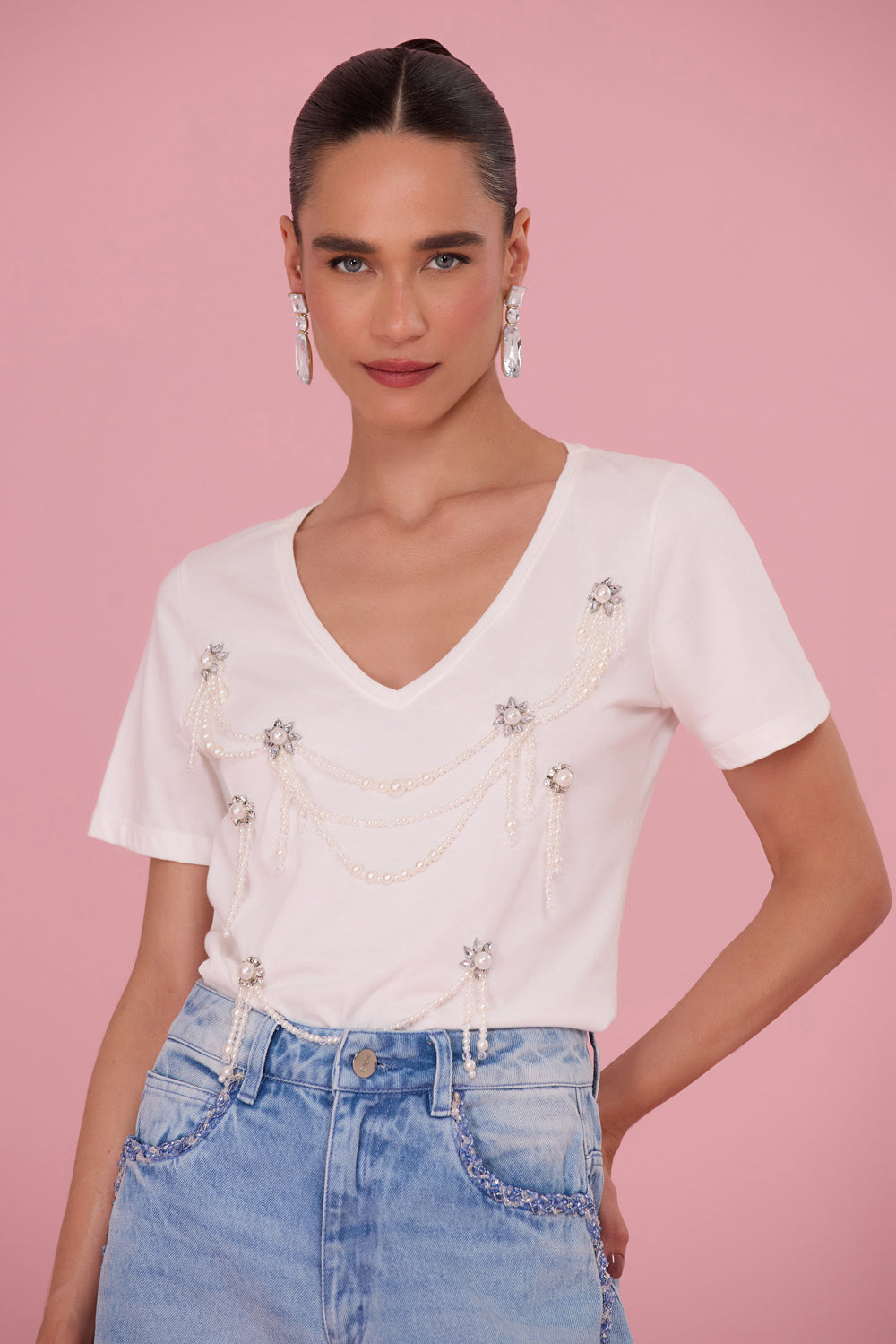 T-SHIRT CRYSTAL EMBROIDERY OFF WHITE