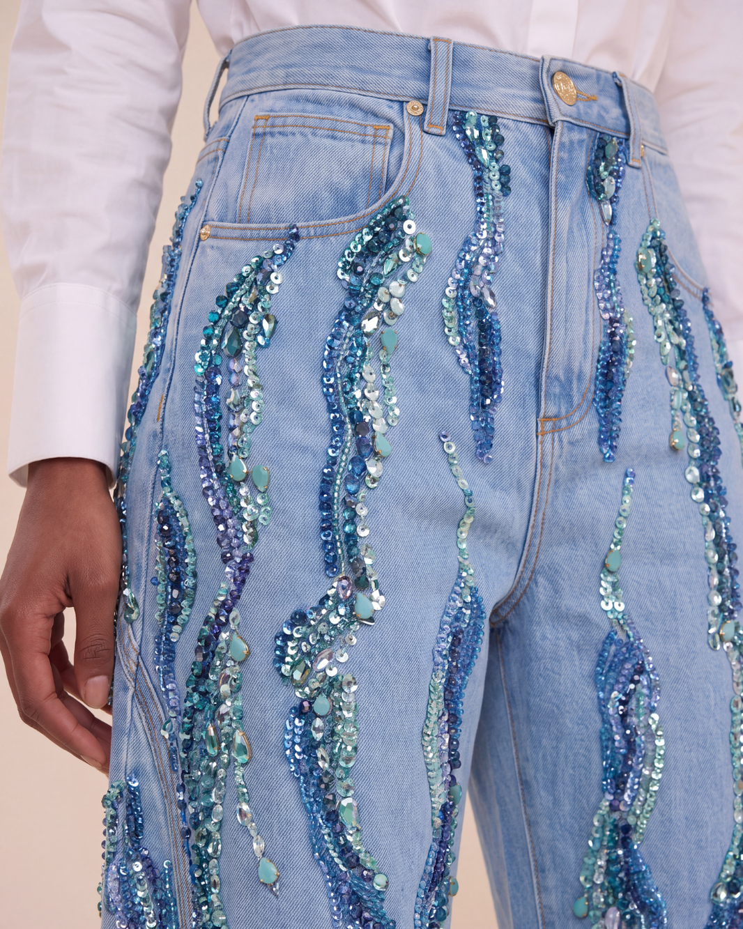 CALÇA WAVES EMBROIDERED DENIM  AZUL