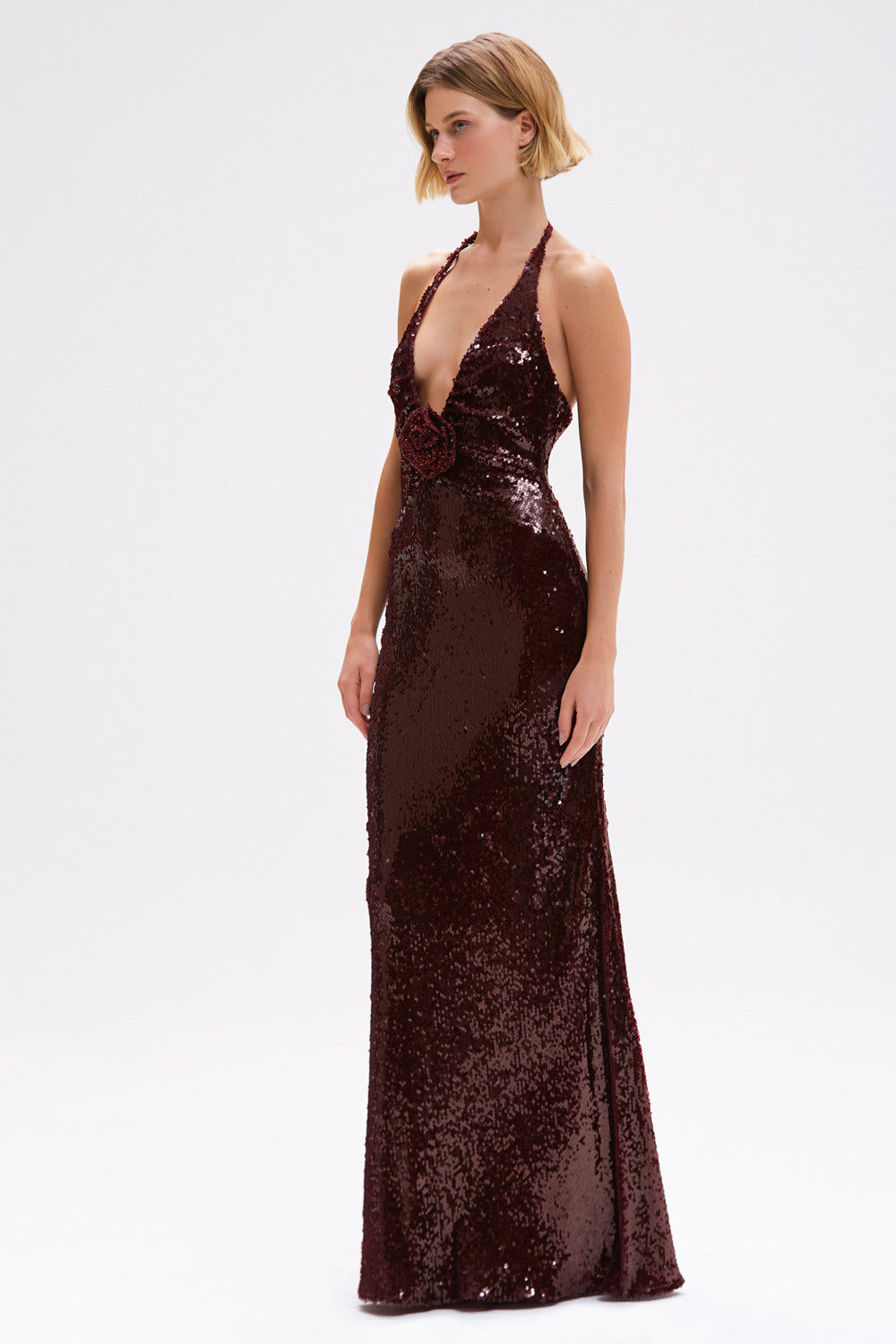 VESTIDO LONGO PAETE BORDEAUX VERMELHO ESCURO