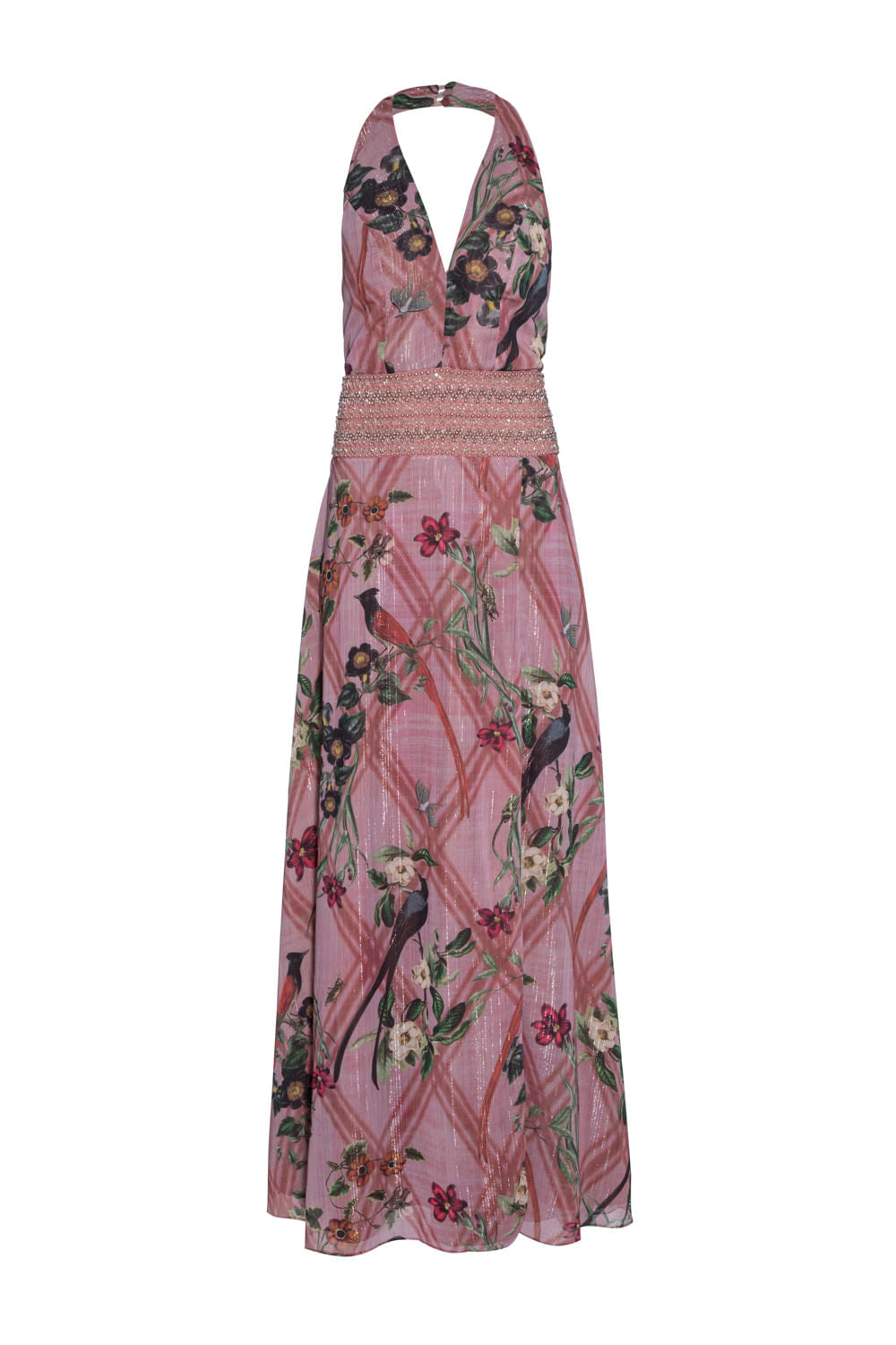 VESTIDO LONGO FRENTE ÚNICA ESTAMPADO ROSA SECO