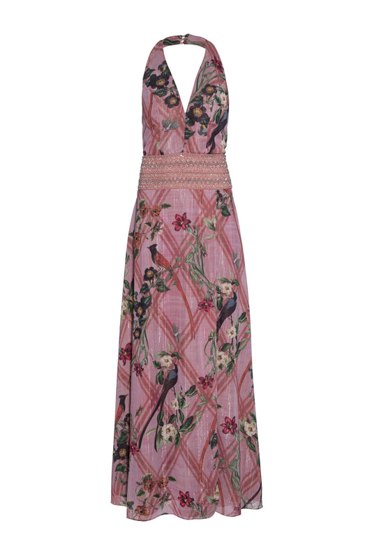 VESTIDO LONGO FRENTE ÚNICA ESTAMPADO ROSA SECO
