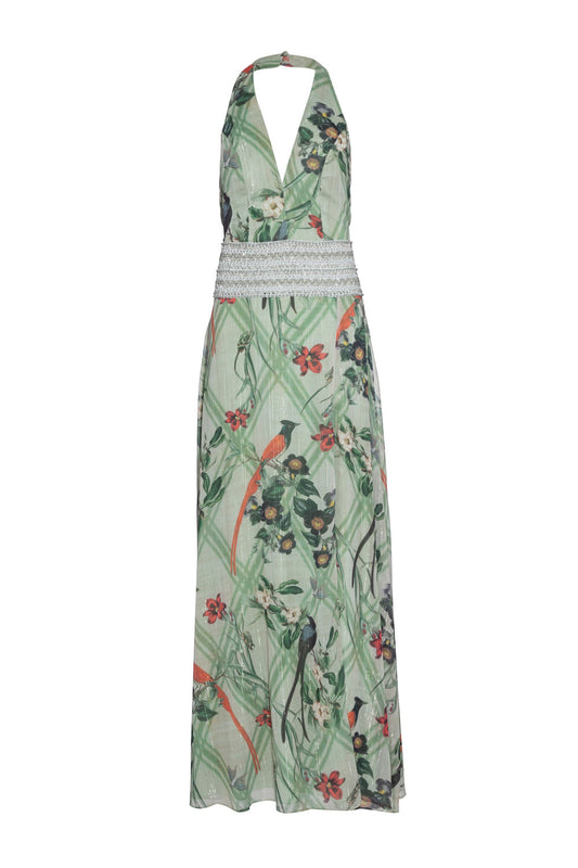 VESTIDO LONGO FRENTE ÚNICA ESTAMPADO VERDE CLARO