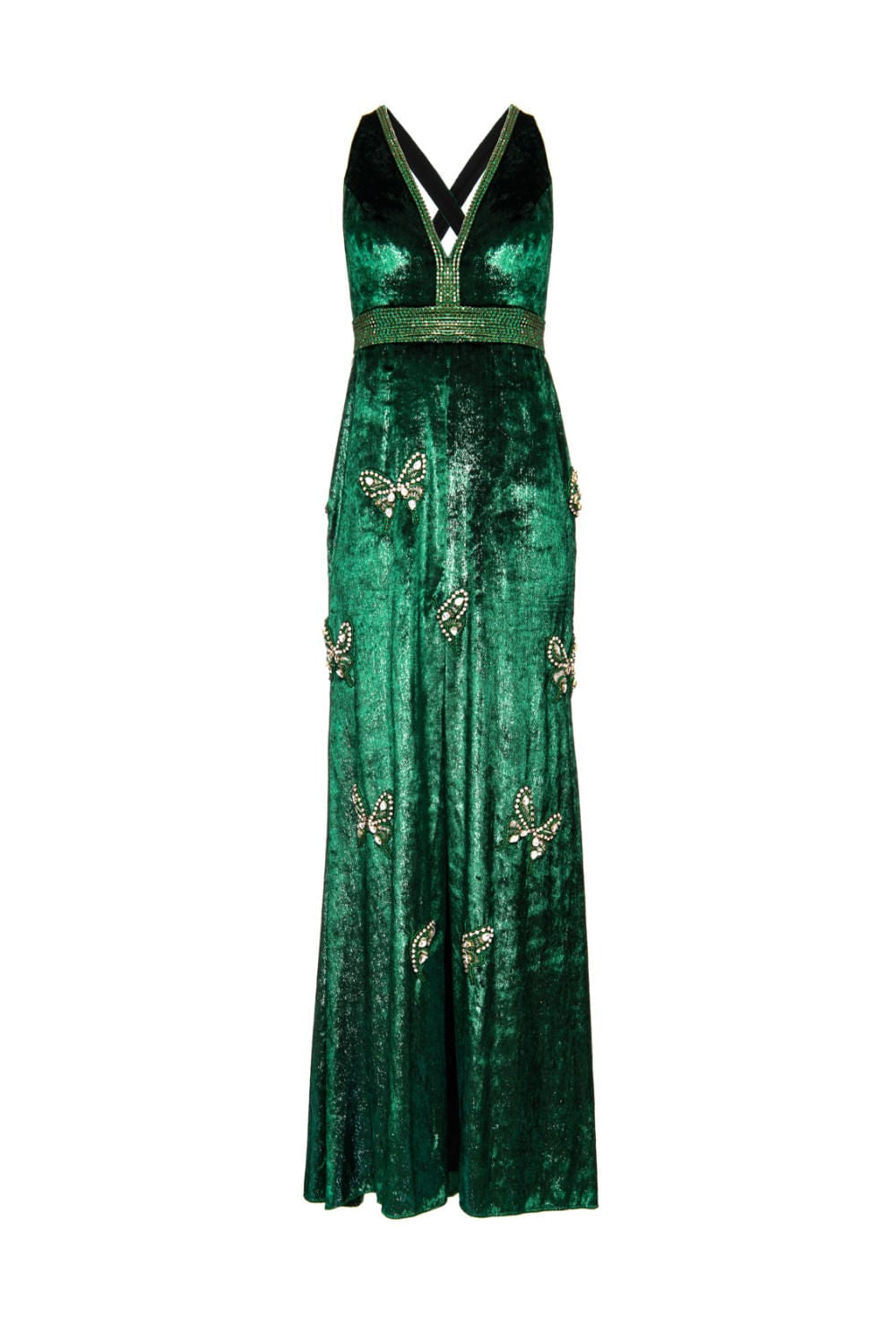 VESTIDO LONGO VELUDO BORBOLETAS VERDE ESCURO