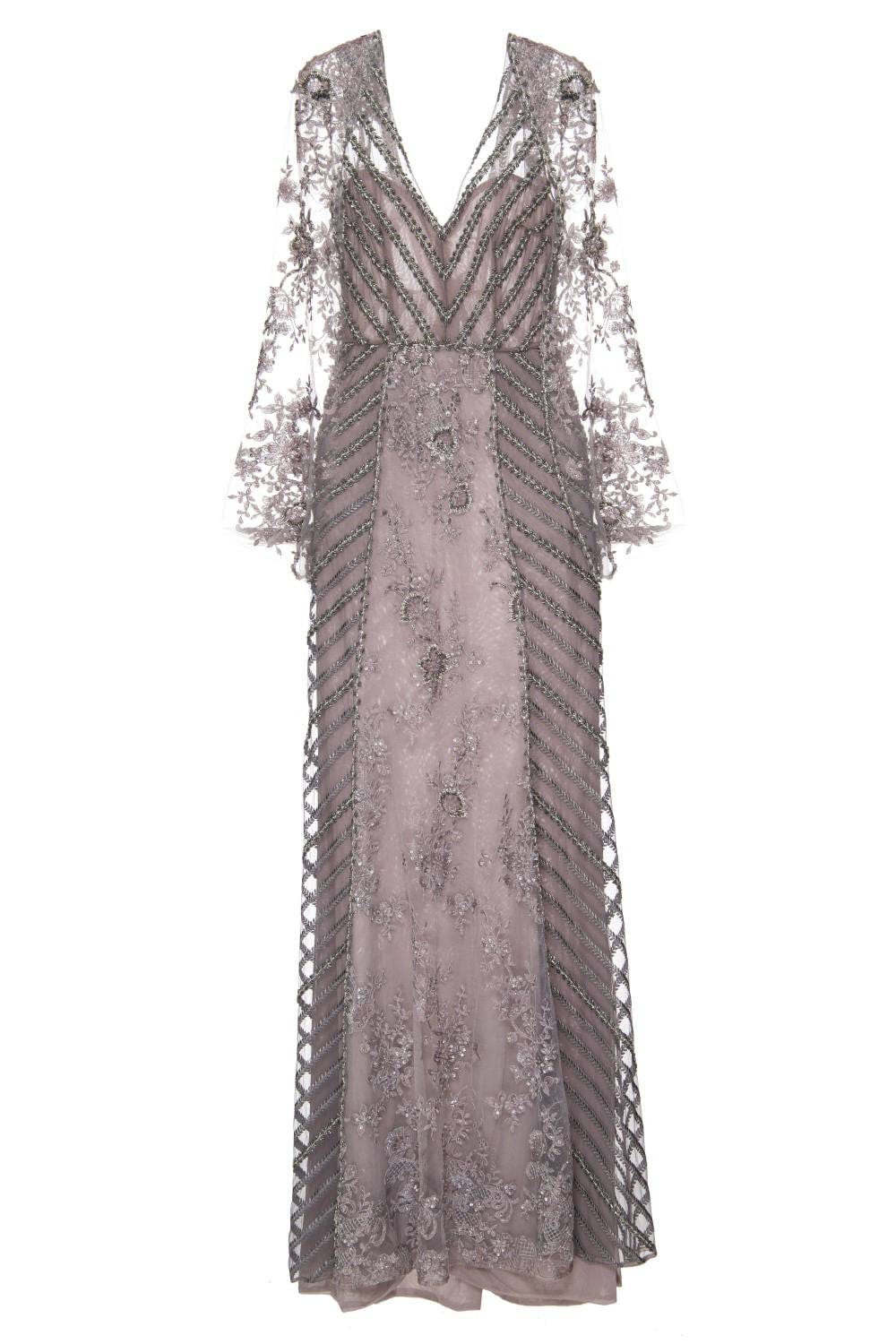 VESTIDO LONGO BORDADO MANGAS TULE CINZA