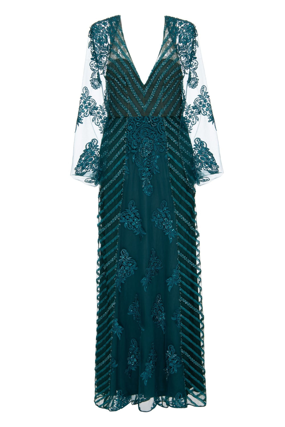 VESTIDO LONGO BORDADO MANGAS TULE PETROLEO