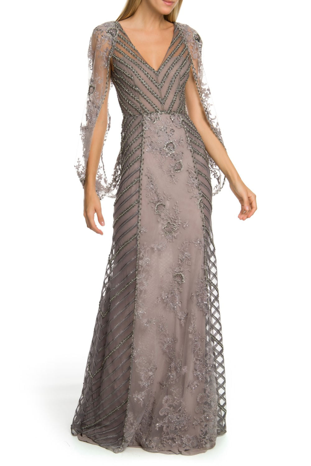 VESTIDO LONGO BORDADO MANGAS TULE CINZA