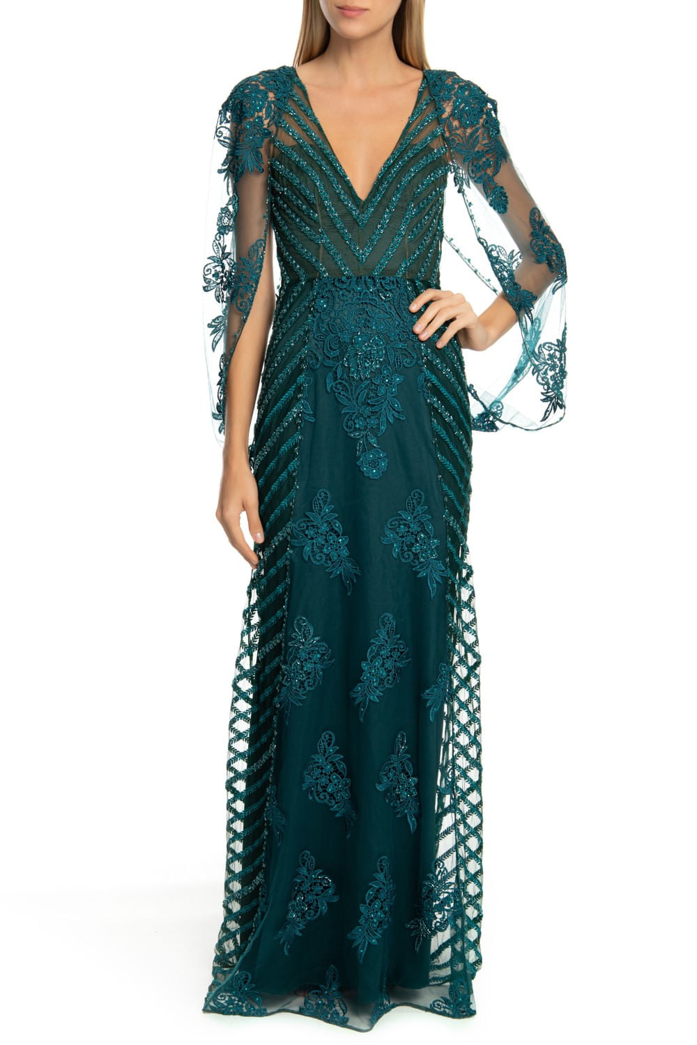 VESTIDO LONGO BORDADO MANGAS TULE PETROLEO