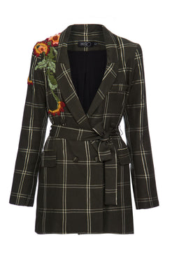 Blazer xadrez bordado manga longa  verde escuro