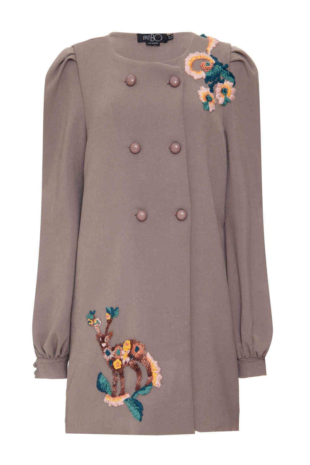 CASACO LONGO BOTÕES BORDADO CINZA