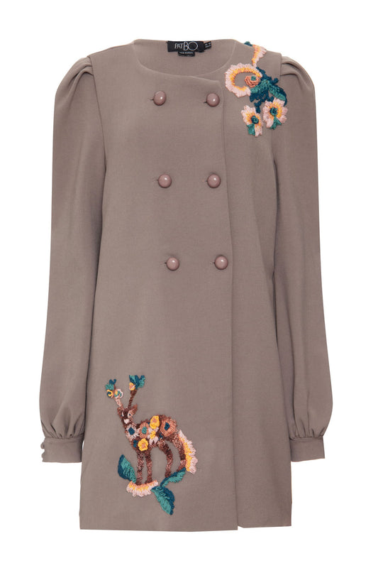 CASACO LONGO BOTÕES BORDADO CINZA