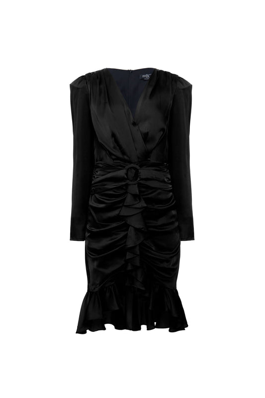 VESTIDO CURTO CETIM ARGOLA FRANZIDO PRETO