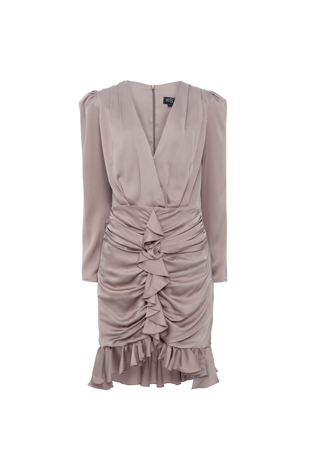 VESTIDO CURTO CETIM ARGOLA FRANZIDO CINZA