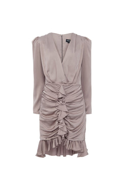 VESTIDO CURTO CETIM ARGOLA FRANZIDO CINZA