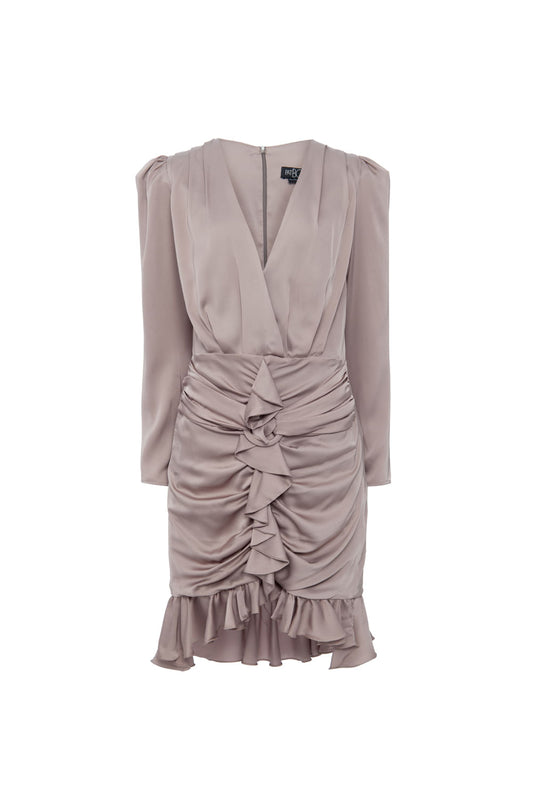 VESTIDO CURTO CETIM ARGOLA FRANZIDO CINZA