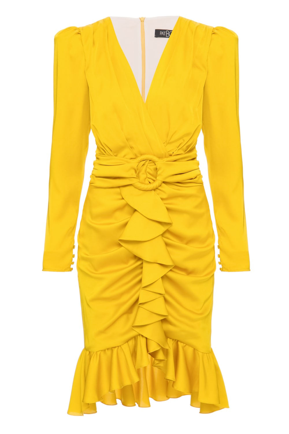 Vestido curto cetim argola franzido amarelo