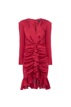 VESTIDO CURTO CETIM ARGOLA FRANZIDO VINHO