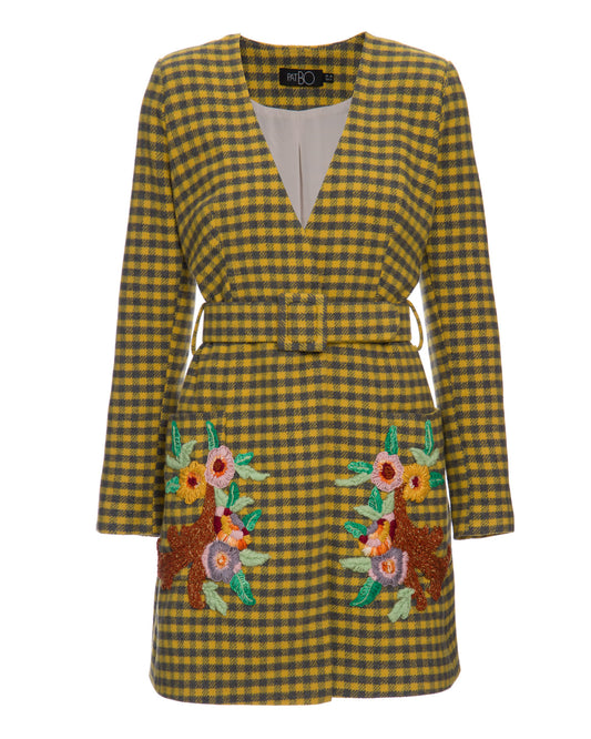 VESTIDO CURTO XADREZ TRANSPASSADO AMARELO