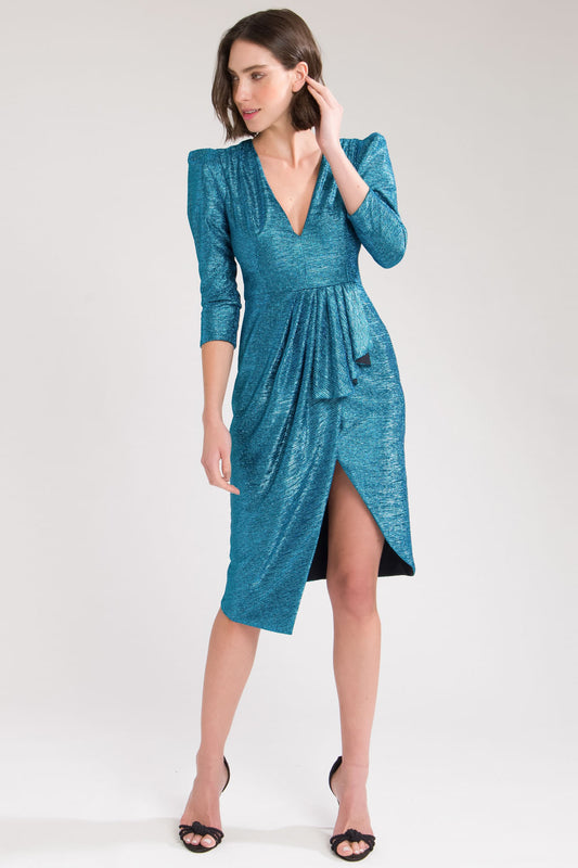 VESTIDO CURTO FRANZIDO METALIZADO AZUL