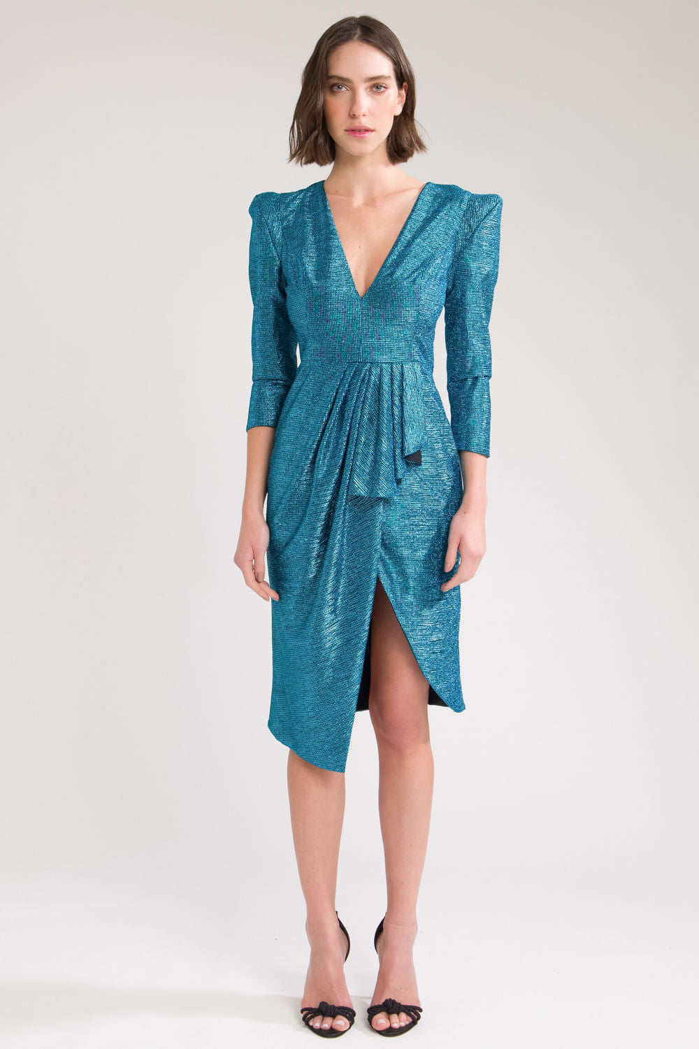 VESTIDO CURTO FRANZIDO METALIZADO AZUL