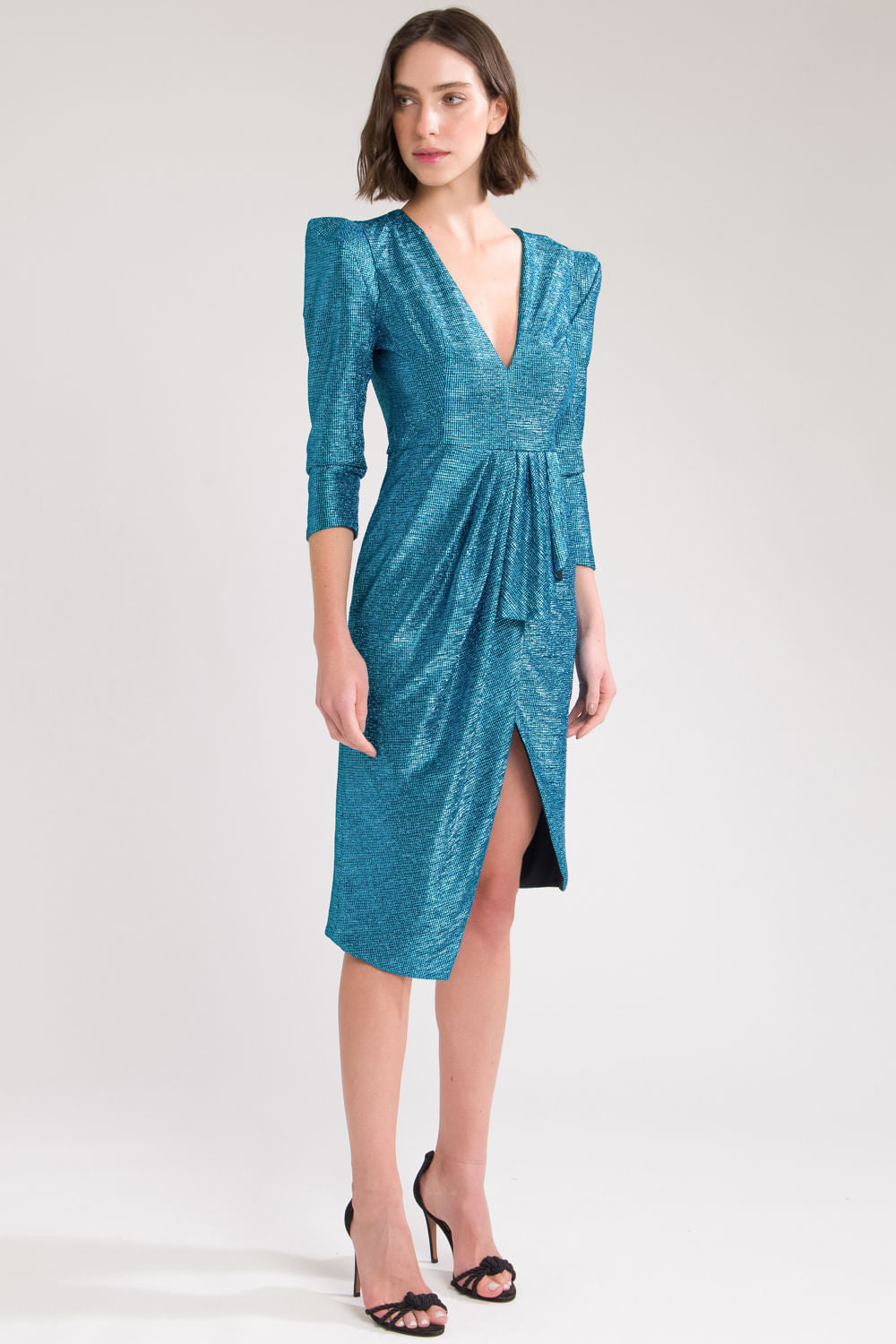 VESTIDO CURTO FRANZIDO METALIZADO AZUL