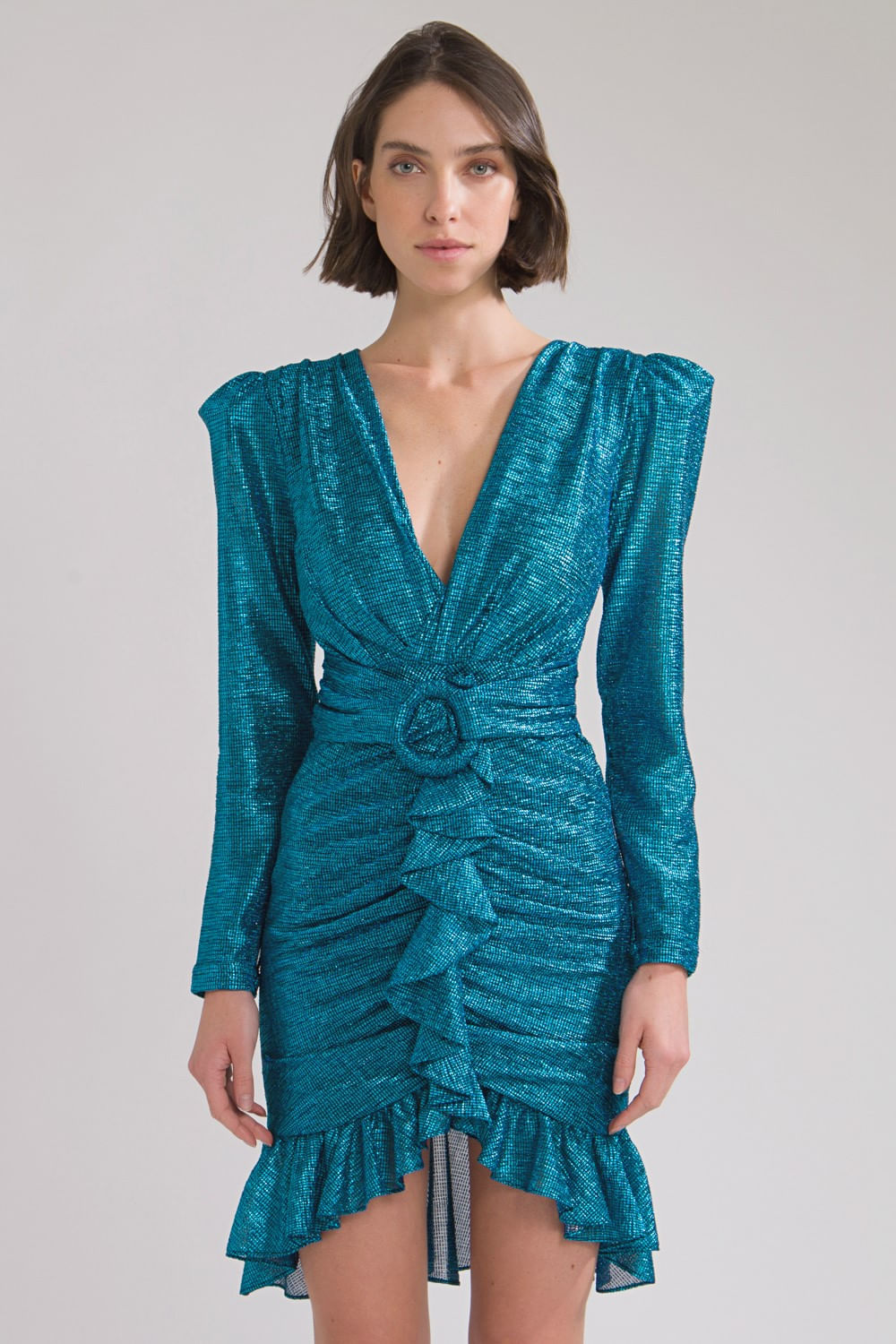 VESTIDO CURTO METALIZADO FIVELA  AZUL