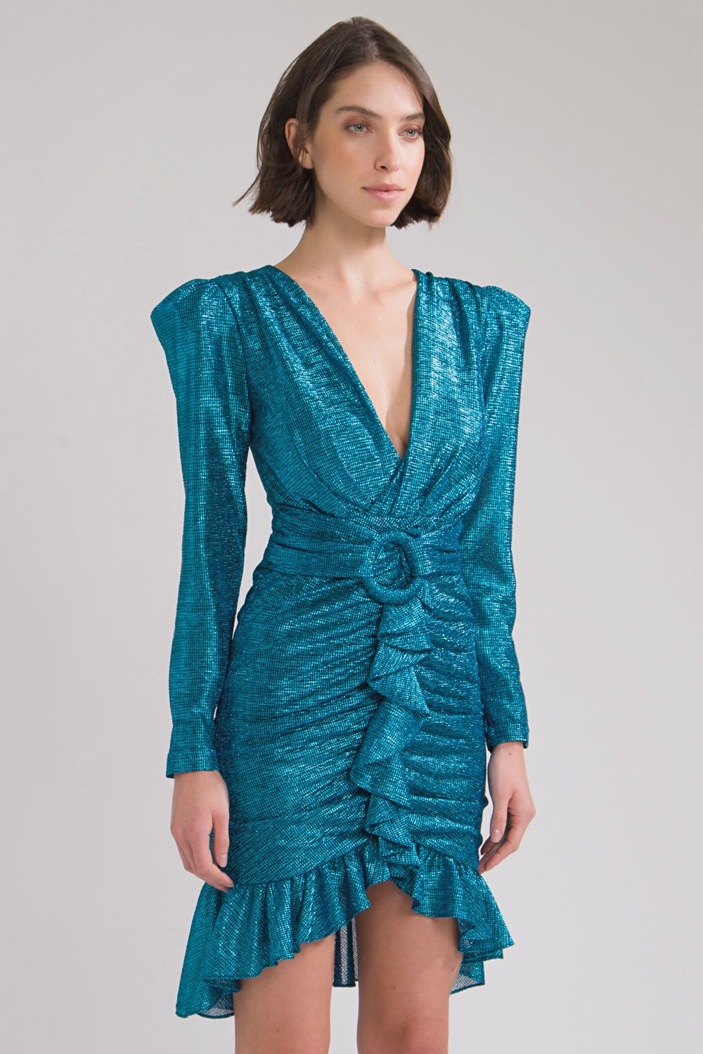 VESTIDO CURTO METALIZADO FIVELA  AZUL