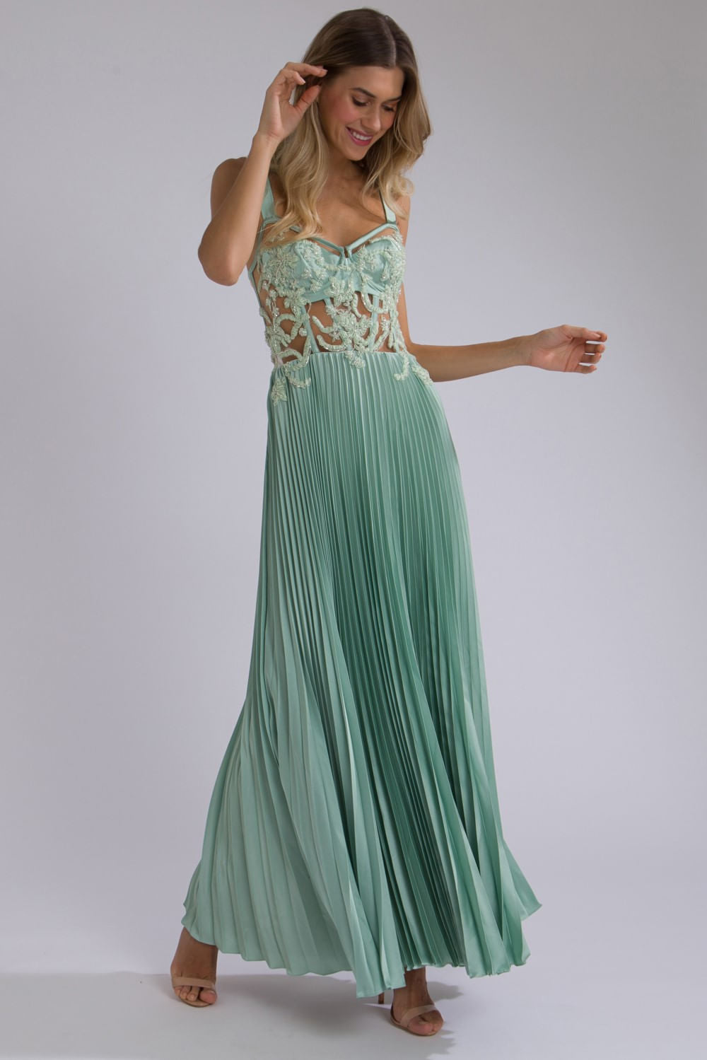 VESTIDO LONGO CORSET RENDA BORDADA VERDE