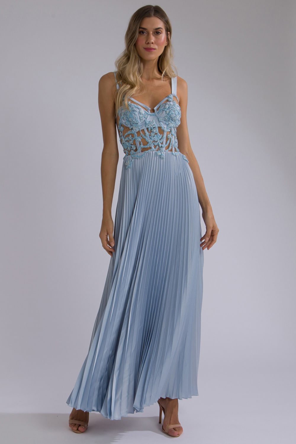 VESTIDO LONGO CORSET RENDA BORDADA AZUL
