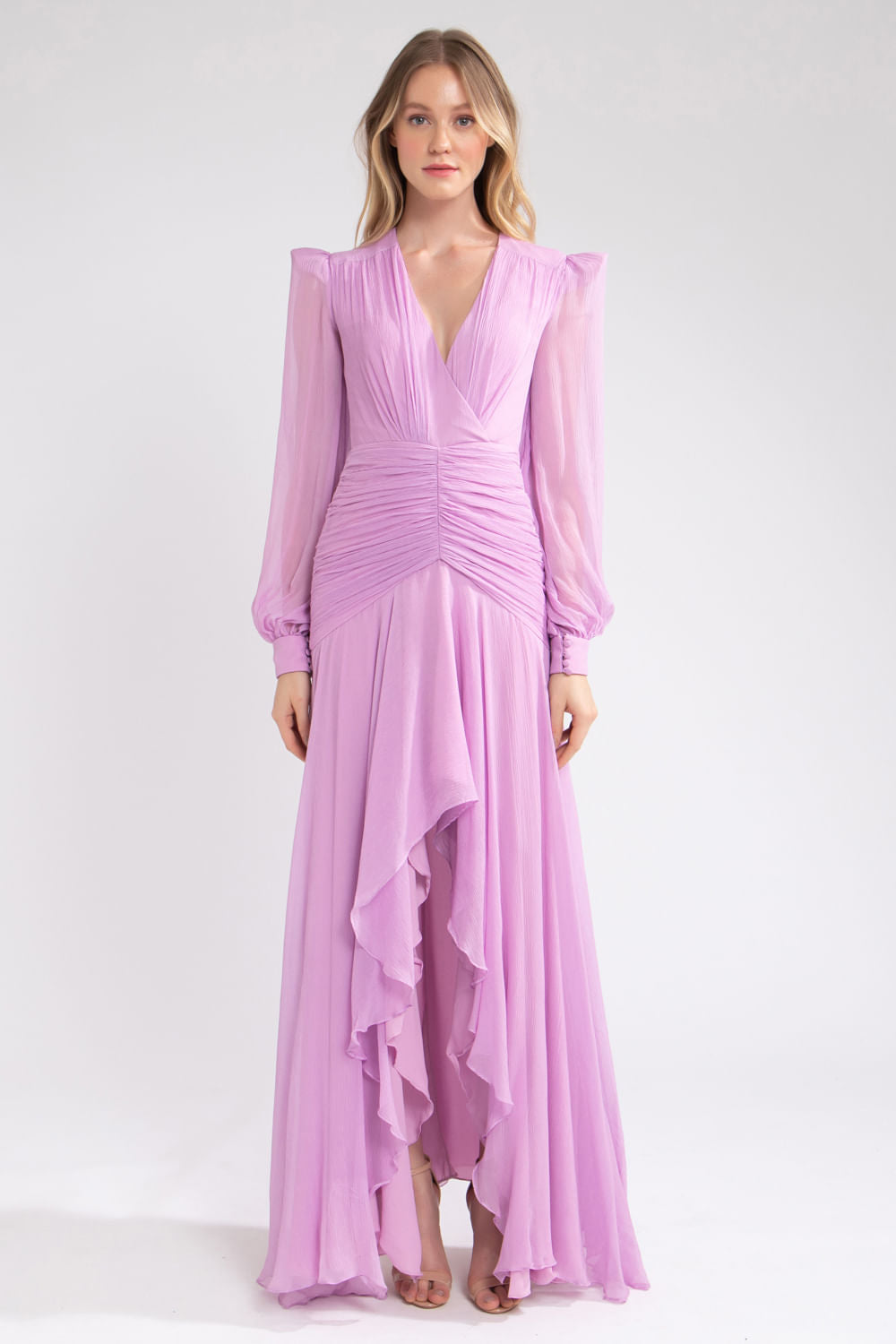 VESTIDO LONGO DRAPEADO OMBREIRAS  LILAS
